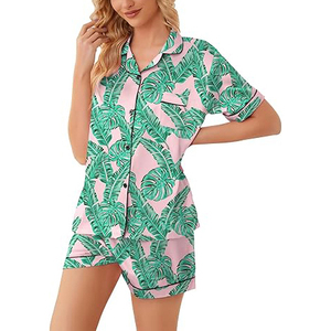 Conjunto de 2 piezas con estampado de hojas tropicales y cuello vuelto para mujer, traje de noche de manga corta con botones delanteros y pantalones cortos con cintura elástica - Product Image 2