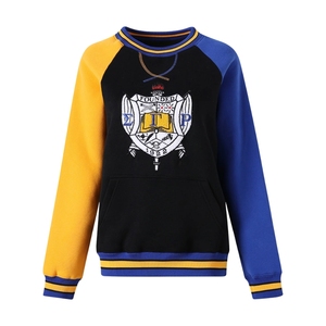 Sweat à capuche noir pour femme avec manches colorblock jaune et bleu roi, motif brodé, poche kangourou, style universitaire - Product Image 3
