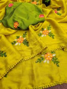 Exclusivo Sari de Seda Rangoli con Diseño de Diseñador y Blusa Elegante, Estilo Étnico Moderno, Última Tendencia India, Ropa de Fiesta Modesta para Mujer - Product Image 2