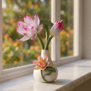 Porcelain Tabletop <b>Vase</b> With Pink Lotus Flowers Traditional Design Painted Glaze Exquisite Durable 8-16 Inches - Product Image 5