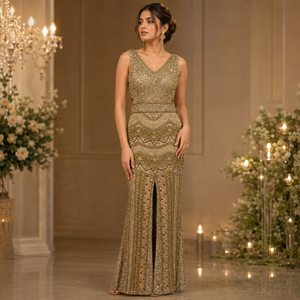Luxury Gold <b>Sequin</b> Evening Gown for Women Elegant V Neck Formal Maxi Dress High Slit Party Wear Cocktail Prom Wedding Guest - Product Image 4