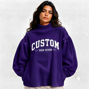 Suéter de cuello alto morado para mujer, con estampado de letras personalizado, de punto oversize, manga larga, para otoño, cuello simulado - Product Image 5
