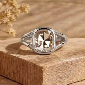 <b>Cushion</b> Rose Cut Lab Grown Diamond Engagement Bezel Set Platinum <b>Cushion</b> Split Band <b>Ring</b> Gift For Her Solitaire <b>Ring</b> - Product Image 3