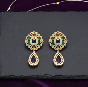 Boucles d'oreilles pendantes longues en argent sterling 925 plaqué or 18 carats, avec pierres rose taille coussin et bleu hydro, bijoux de caractère - Product Image 2