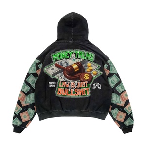Sweat à capuche imprimé « Money Talks Law Is Just Bullshit » pour homme, streetwear, coupe oversize, longueur standard, en polyester tricoté, noir - Product Image 3