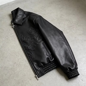 <b>Men's</b> Gothic Embossed Faux Leather <b>Jacket</b> Silver Cross Zip Streetwear Bomber Turn-down Collar Dark Luxury Coat - Product Image 2