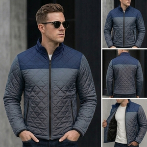 Men's Quilted <b>Jacket</b> Navy Gray Color Block Stand Collar Zipper Closure Windproof Casual Autumn Wear Polyester Wadding - Product Image 5