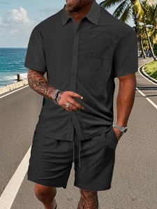 Ensemble chemise et short pour homme, gris clair uni, manches courtes, tenue décontractée d'été, coton tricoté respirant, ensemble deux pièces - Product Image 5