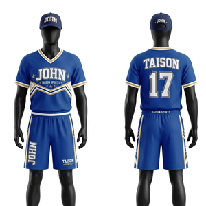 Uniforme de cheerleading en maille polyester premium 180 GSM, rouge et bleu avec panneaux latéraux, impression par sublimation personnalisée du logo - Product Image 3
