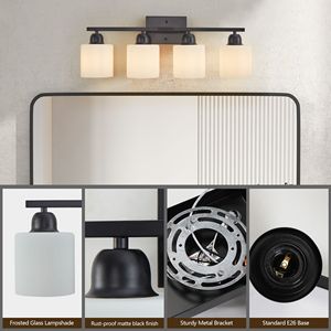 4 <b>Light</b> Modern Bathroom <b>Vanity</b> <b>Light</b> <b>Mirror</b> Black and Milky White Frosted Glass Shades E26 Wall Sconces - Product Image 5