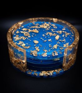Posavasos Decorativos de Resina Premium, Juego de Posavasos Redondos de Vidrio Azul con Hoja de Oro, Glamorosos, Hechos a Mano, para Mesa - Product Image 1