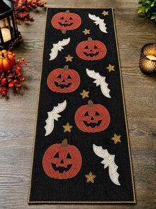 Chemin de table rectangulaire en tissu fait main pour Halloween, noir, avec motifs originaux citrouilles, chauves-souris et étoiles, napperons et sous-plats - Product Image 5