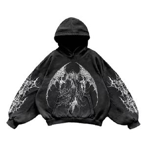 Sweat-shirt à capuche gothique à manches chauve-souris pour homme, surdimensionné, noir, imprimé graphique, en coton tricoté, streetwear d'automne - Product Image 1