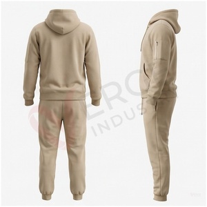 Ensemble de survêtement beige pour homme, manches longues, capuche, fermeture éclair sur le devant, couleur unie, respirant, coupe décontractée, vêtements d'automne - Product Image 2