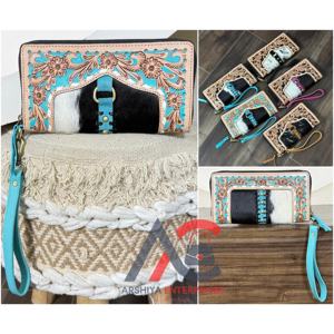 Cartera de mano con cremallera para mujer, estilo occidental, multifuncional, de gran capacidad, de cuero vacuno repujado a mano, con múltiples ranuras para tarjetas, para uso diario. - Product Image 1