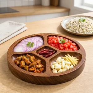 Wooden Kitchen Preparation <b>Tray</b> with 5 Compartments Vegetable Chopping Board Masala <b>Spice</b> Organizer Dry Fruit Snack Serving <b>Tray</b> - Product Image 4