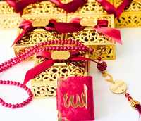 Ensemble Coran miniature et Tasbih personnalisé, élégant, moderne et de luxe, en velours et perles, avec boîte cadeau dorée, marque OEM, livraison rapide pour mariage