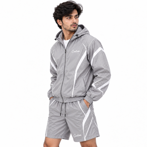 Men Lightweight Windbreaker Panel Hoodies <b>White</b> <b>Zip</b> <b>Up</b> Custom Logo Reflective 100% Nylon Track Shorts Set Windproof Outdoor USA - Product Image 2