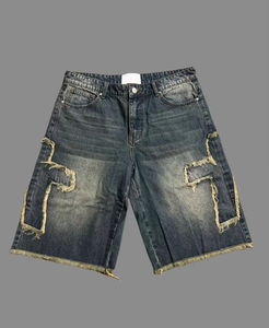 Shorts cargo en denim épais 100% coton, style urbain, taille mi-haute, deux couleurs, avec bordure patchwork effet usé - Product Image 1