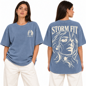 T-shirt oversize bleu pour femme Storm Fit, col rond, manches courtes, coupe ample, 100% coton jersey, délavé à l'acide, streetwear, été - Product Image 1