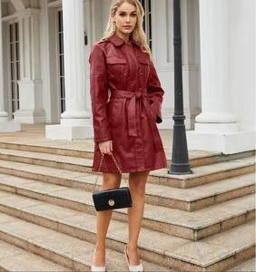 Abrigo de Cuero Auténtico Rojo, Chaqueta de Cuero Larga con Cordones en la Cintura, Chaqueta de Solapa para Mujer, Abrigo de Moda Femenino de Un Solo Pecho - Product Image 5