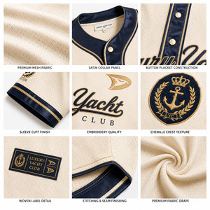 Luxury Yacht Club Baseball Jersey Men's Cream Navy Gold Embroidered Mesh Short Sleeve Button <b>Down</b> Regular Fit Adult All Seasons - Product Image 6