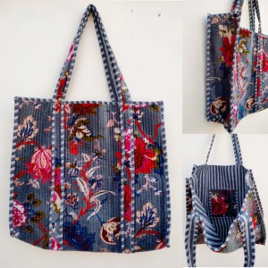 Cotton Quilted Tote Bags Printed Large Indian Travel Shopping <b>Accessories</b> Open Washable for Daily <b>Beach</b> Use - Product Image 1