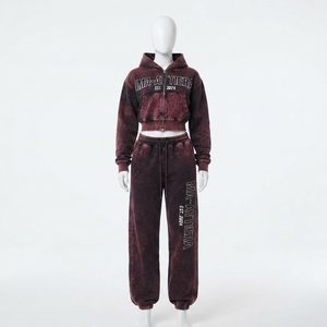 <b>Women</b> Solid Embroidered Washed Cropped Zip-Up Hoodie and Wide-Leg <b>Jogger</b> Pants Belt Two-Piece Tracksuit <b>Set</b> - Product Image 3