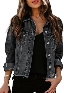 Chaqueta de Mezclilla Negra, Color Sólido, Cuello Camisero, Estilo Casual, Cierre de Botones, Corte Regular, Dobladillo Deshilachado, para Otoño - Product Image 6