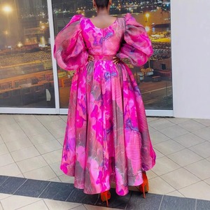 Elegant Plus Size Women's Casual <b>Maxi</b> <b>Dresses</b> Floral Print <b>Chiffon</b> Puff Sleeve V-neck Ankle Length Natural Waist Front Loose Fit - Product Image 3