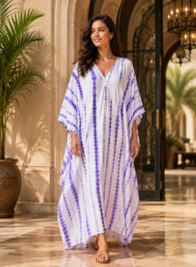 Women Modern Fit Tie Dye Cotton <b>Kaftan</b> Dress All Seasons <b>Beach</b> Cover V-Neck Maxi Robe Casual Sleepwear Bohemian Natural Waist - Product Image 2