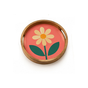 ถาดไม้ทรงกลมลายดอกเดซี่เคลือบสีพร้อมหูจับ สำหรับใช้ในบ้าน - Product Image 3