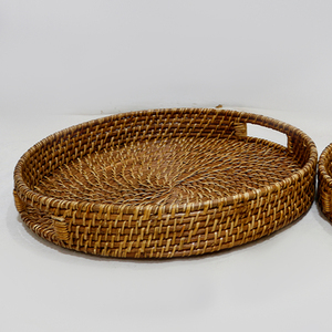 Handwoven Rattan Round Serving Tray Wicker Storage Tray with Handle <b>Decorative</b> Serving Plate for Living <b>Room</b> Kitchen - Product Image 4