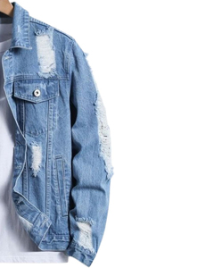 Veste en jean décontractée pour homme, délavée, déchirée, à col rabattu, coupe classique, style streetwear d'automne - Product Image 2