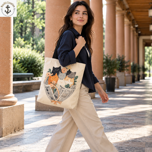 Playful <b>Cat</b> Artwork Shopping Tote in Canvas Fabric | Cream Shoulder <b>Carry</b> <b>Bag</b> with Black Long Handles for Daily Use and Travel - Product Image 3