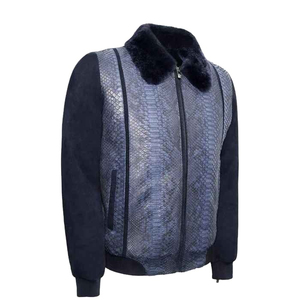 แจ็คเก็ตหนังลายงูหลามสีน้ำเงินคุณภาพสูงแบบถอดปกขนสัตว์เร็กซ์ได้สำหรับผู้ชาย แจ็คเก็ตบอมเบอร์หนังงูใหม่ - Product Image 4