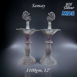 Lámpara de aceite Samay Peacock de oro macizo de 22 quilates de lujo, par de 12 pulgadas, hecha a mano, tradicional india, Puja Deepam, regalo religioso - Product Image 3