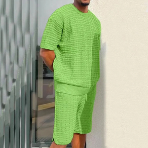 Wholesale Custom New Men’s Textured <b>Knit</b> Shorts <b>Set</b> Summer Casual Two Piece Outfit Streetwear Loose Fit Custom Logo Shorts <b>Sets</b> - Product Image 2