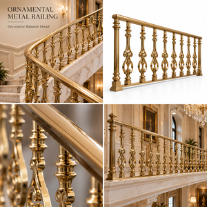 Curved Gold Tone Ornamental Metal <b>Stair</b> <b>Railing</b> with Loop Balusters for Villas Hotels and Elegant Interiors - Product Image 5