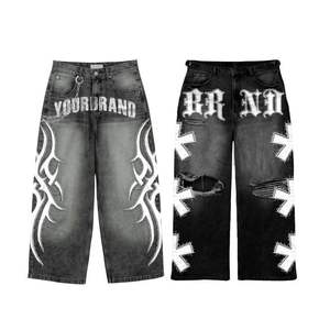 Pantalones Vaqueros Personalizados con Estampado Completo, Adornados con Pedrería, Lavado Vintage Desgastado, Diseño de Parches, Tela Transpirable, Ajuste a la Cintura y Longitud - Product Image 4