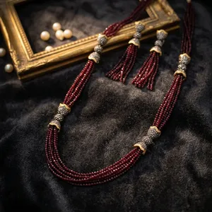 Ensemble collier et boucles d'oreilles en pierre grenat, plaqué or, bijoux indiens tendance pour femmes - Product Image 2