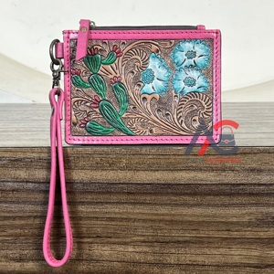 2026 Trending Pink Tooled Floral Genuine Leather <b>Card</b> <b>Holder</b> <b>Wallet</b> Women Fashionable Coin & ATM <b>Card</b> <b>Holder</b> Wristlet Clutches - Product Image 1
