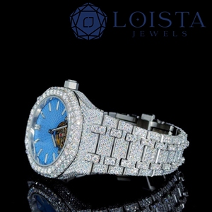 Loista Jewel Luxury iced out silver wristwatch with blue dial and skeleton design <b>for</b> <b>men</b> stylish diamond <b>studded</b> bracelet watch - Product Image 2