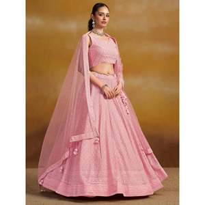 Conjunto de Lehenga Choli para Dama de Honor - Georgette Rosa con Bordado de Hilo y Dupatta - Product Image 6