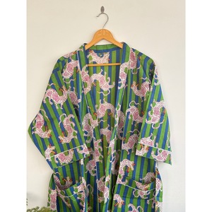 V-Neck Printed <b>Animal</b> <b>Pattern</b> Breathable <b>Knitted</b> Kimono Robe with Belt Long Sleeve Maxi Length Loose Fit 100% Cotton Cover-Up - Product Image 2