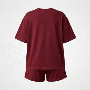 Women's 2 Piece Knitted Cotton Shorts Set Crew Neck Short Sleeve Loose Fit Casual Daily Wear Above Knee Solid <b>Maroon</b> Foil Print - Product Image 2