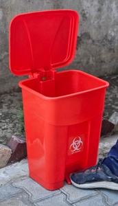 Yellow Rectangular Plastic Waste <b>Bin</b> With Flip <b>Lid</b> Biohazard Symbol Medical Use Indoor Outdoor Storage Bucket - Product Image 6