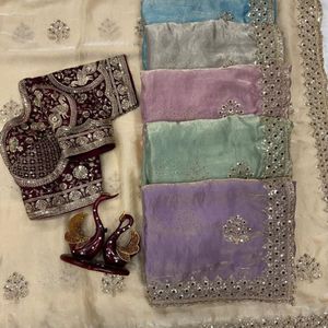 Premium Designer <b>Satin</b> <b>Saree</b> with Rich Embroidery Sequence Work, Heavy Border, Butta Design & Ready Blouse - Product Image 6