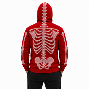 Men’s Red Rhinestone Skeleton Hoodie <b>Jacket</b> with Full Zip Balaclava Mask Crystal Skull Bone Design <b>Gothic</b> Hip Hop Streetwear OEM - Product Image 4