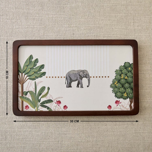 Rectangular Wooden <b>Decorative</b> Tray With <b>Elephant</b> And Plant Pattern Bohemian Style Animal Print Design - Product Image 2